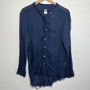 NSF Women Button Down Shirt Navy Blue Frayed‎ Raw Hem Bamboo Cotton Summer